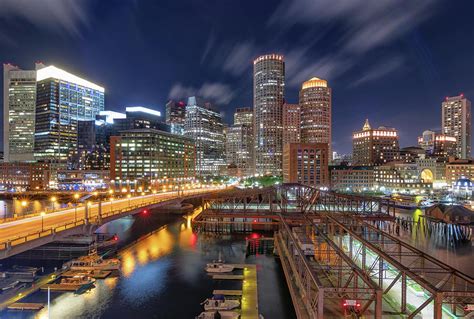 Bostons Skyline At Night Photograph By Kristen Wilkinson Fine Art