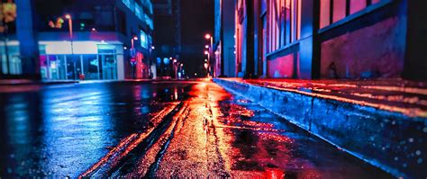 Download Wallpaper 2560x1080 Street Night Wet Neon