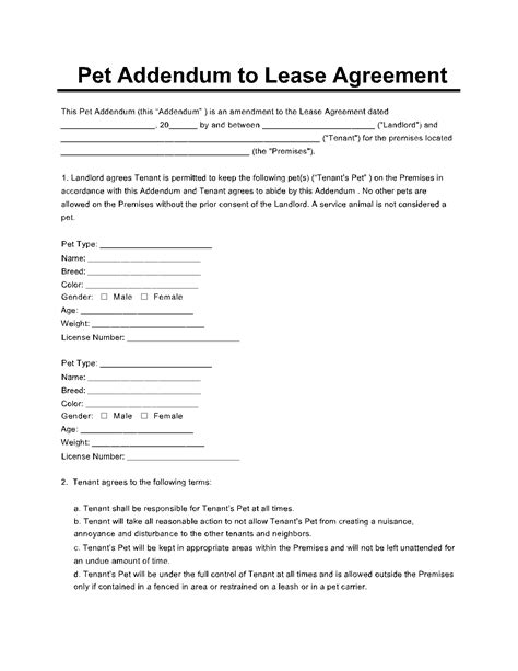 Pet Addendum to Lease Agreement (Free Printable Form)