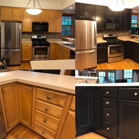 Refinishing kitchen cabinets is the quickest way to refinish cabinets and give your kitchen a completely new look without spending too much time, money, or effort. Kitchen Cabinet Refinishing. Maple To Black Satin | Craine ...
