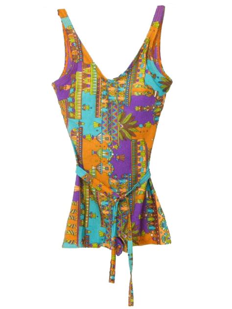 Missing Label 70's Vintage Swimsuit/Swimwear: 70s -Missing Label- Womens orange, purple, green ...