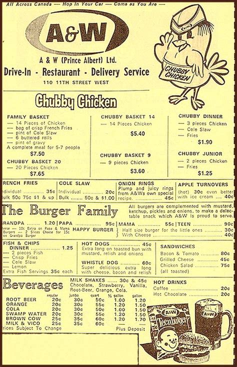 1154 x 649 jpeg 223 кб. A & W Restaurant's menu Canada circa 1960-70s. You've ...