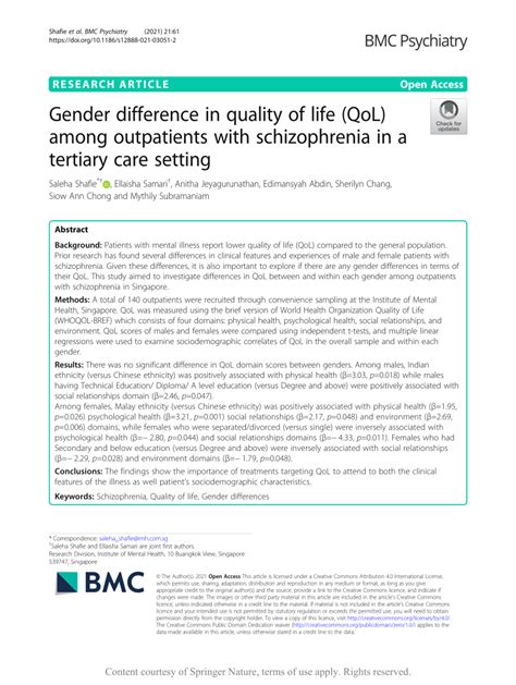 pdf gender difference in quality of life qol among outpatients with schizophrenia in a
