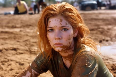 Premium Ai Image Beautiful Redhead Girl With Dirty Face And Mud On