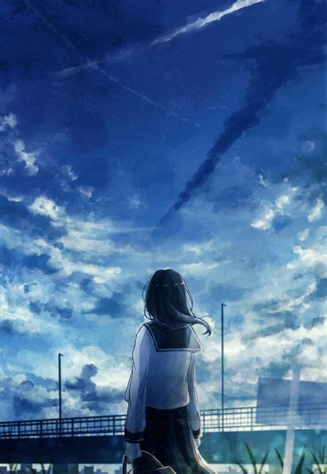 Wallpaper Anime Landscape School Girl Back View Clouds