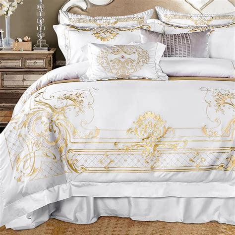 White Golden Bedding Set Queen Super King Size Bed Sheet Set Luxury