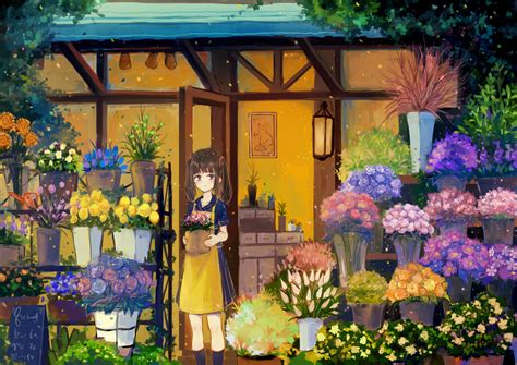 Wallpaper Girl Flowers Bouquets Anime Art Hd Widescreen High