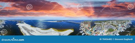 Aerial Panoramic View Of Destin Harbor At Dusk Florida Stock Photo