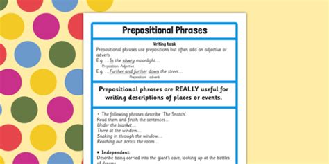A prepositional phrase also has an object, which is modified by a preposition, and a preposition can have one or more modifiers to describe and modify the object. FREE! - Prepositional Phrase Challenge Activity to Support ...