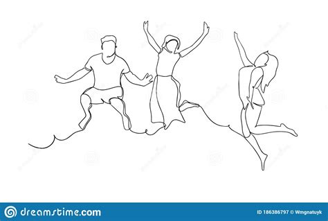 Continuous Line Drawing Of Four Jumping Happy Team Members Continuous