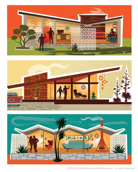 Mid Century Modern House Illustrations In 2020 Mid Century Art