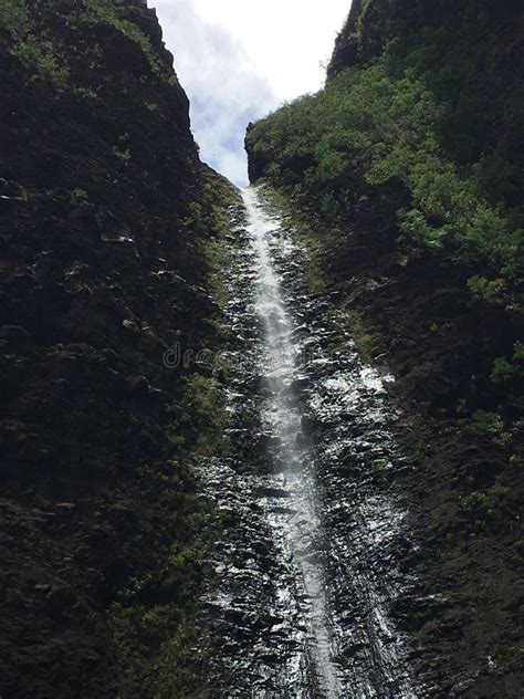 Waterfall In Milolii Valley On Napali Coast On Kauai Island In Hawaii
