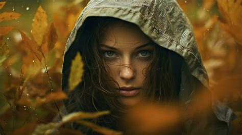 One Young Woman Hiding In The Wet Autumn Forest 32945101 Stock Photo At