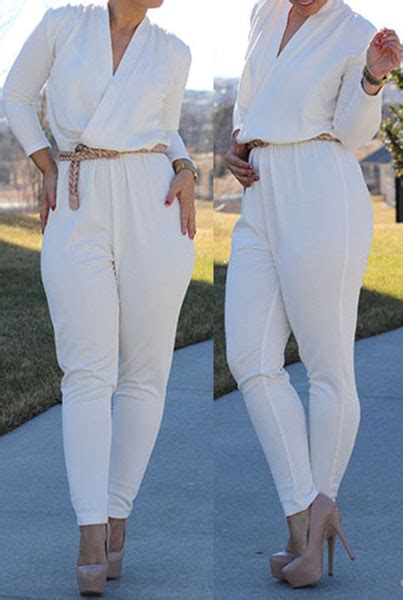 fashion v neck long sleeves solid white cotton blend one piece regular jumpsuitlw fashion