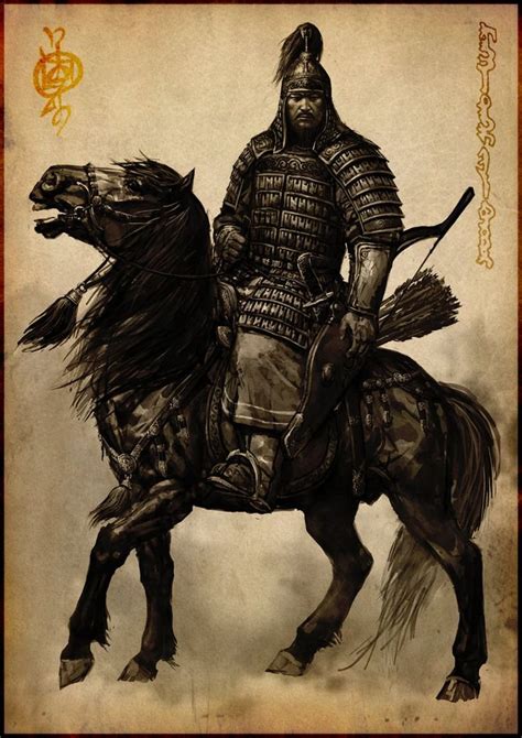 Mongol Archer Warrior Riding Horseback Attacking With Bow And Arrow