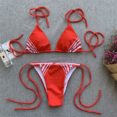 Halter String Swimsuit 2019 Red Brazil Bikini Triangle Push Up Swimwear