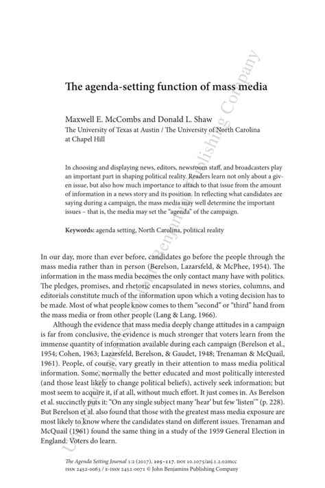 Explain how the media functions as a gatekeeper. (PDF) The Agenda-Setting function of mass media
