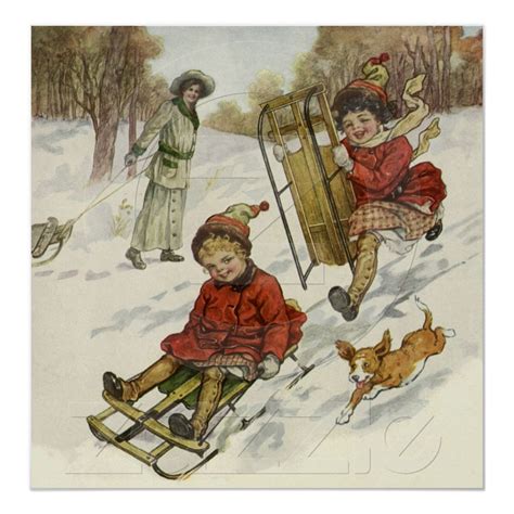 Vintage Christmas Victorian Children Sledding Dog Poster