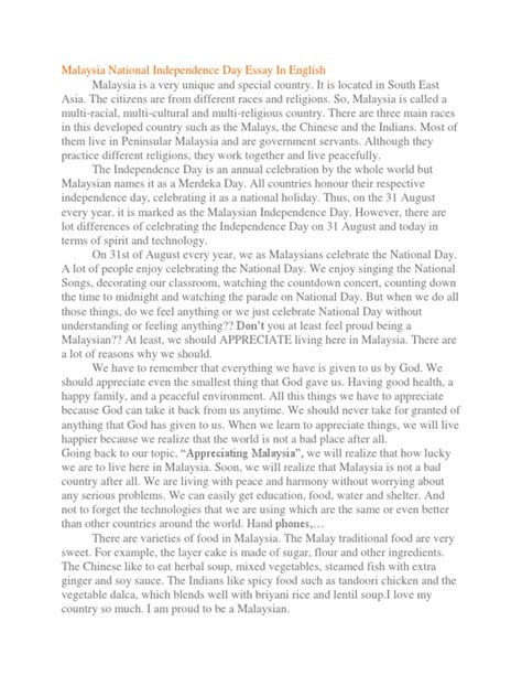 Jun 08, 2011 · on 31st of august every year, we as malaysians celebrate the national day. Malaysia National Independence Day Essay in English ...