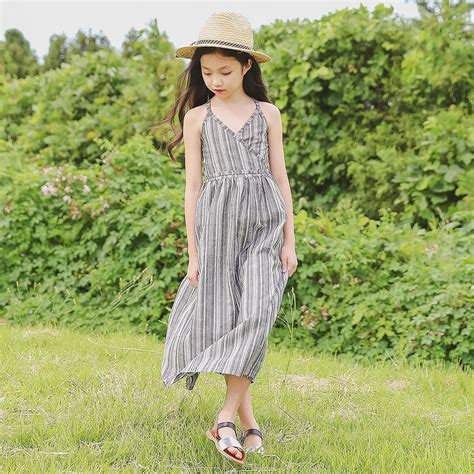 Maxi Long Little Girl Summer Dresses 2018 Striped Teenage Dress Girls