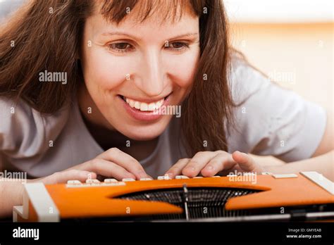 Woman Typing Typewriter Stock Photo Alamy