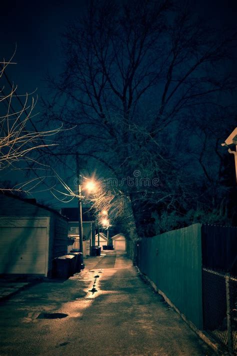 Dark Gritty And Wet Chicago Alley At Night After Rain Stock Photo
