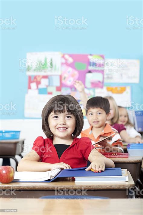 Adorable Mixed Elementary School Students Sitting In Classroom Desks