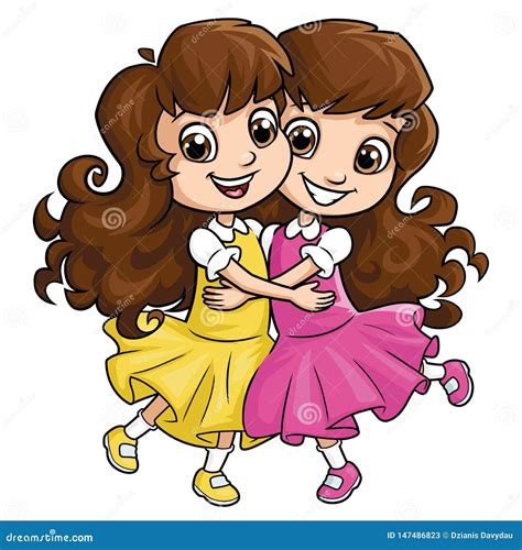 Happy Girl Sisters Hugging 2 Stock Vector Illustration Of Dress