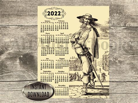 2022 Yearly Calendar In Vintage Style French Etching Etsy