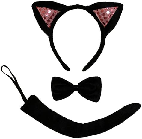 Seasonstrading Pink Sequin Black Cat Ears Tail And Bow Tie Costume Set Party