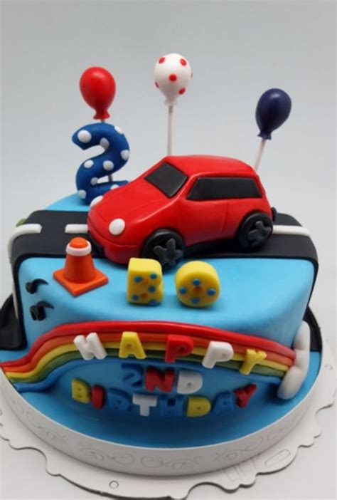 Car Toy Theme Blue Birthday Cake With Rainbow For Two Year
