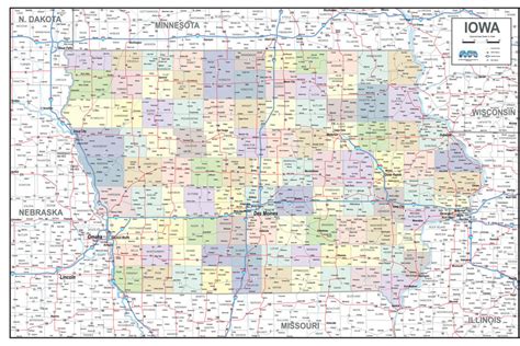 Iowa Laminated Wall Map County And Town Map With Highways Gallup Map