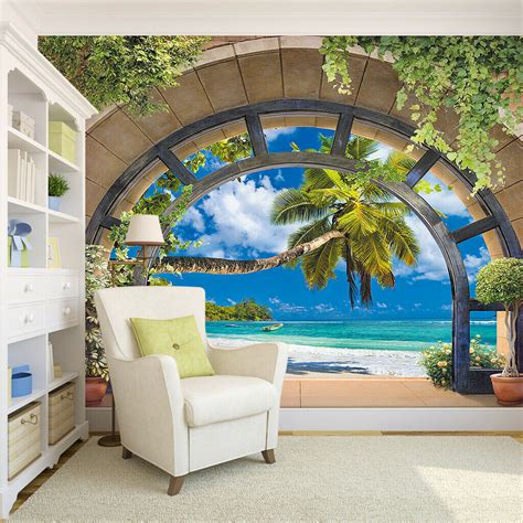 3d Window Tropical Beach Palm Tree Self Adhesive Wall Murals Wallpaper Poster Ebay