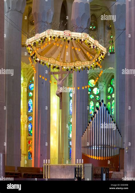 Inside View La Sagrada Familia Antoni Gaudi Barcelona Spain Stock