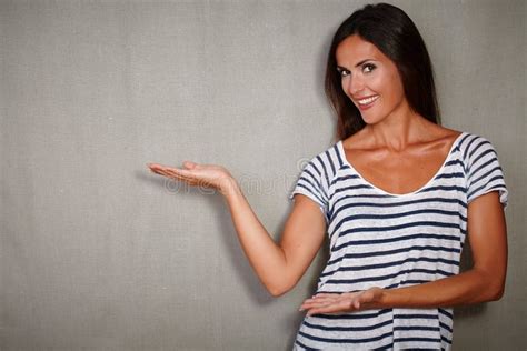 Happy Woman Showing A Holding Up Sign Stock Image Image Of Standing