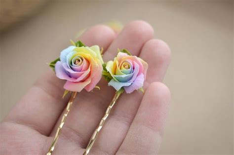 Pastel Rainbow Roses Hairpin Polymer Clay Rose Hair Pin Pale Etsy In