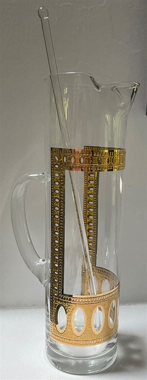 Vintage Culver Ltd Antiqua Glass Pitcher Decanter 22k Gold Mid Century Modern