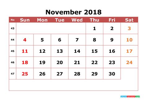 November 2018 Calendar Printable With Week Numbers Image