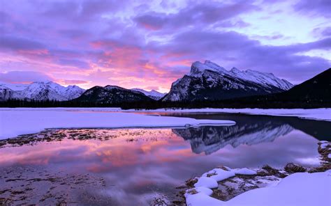 Pink Sunset And Clouds Over Winter Mountain And Lake Hd Wallpaper