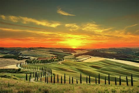 Tuscany Rural Sunset Landscape Countryside Farm White Road An