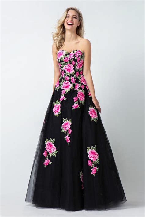 Black Sweetheart Flower Appliques Long A Line Tulle Prom Dressesevening Dresses Okdresses