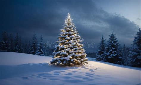 Snow Covered Christmas Tree Glows Brightly In The Background Stock