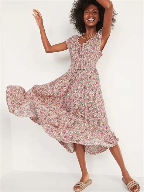 Old Navy Smocked Waist Defined Floral Print Midi Dress Best Midi