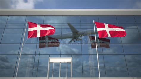 Waving Flags Of Denmark In The Airport And Taking Off Airplane 3d