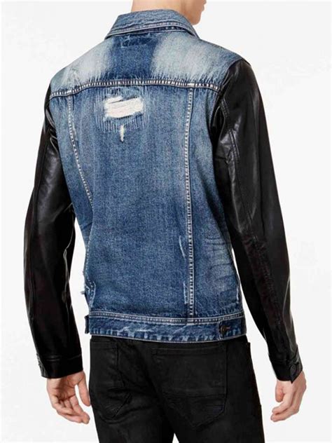 Mens Vintage Blue Denim Jacket With Leather Sleeves Bay Perfect