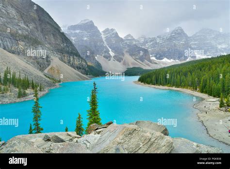 Beautiful Turquoise Waters Of Moraine Lake In Banff National Park