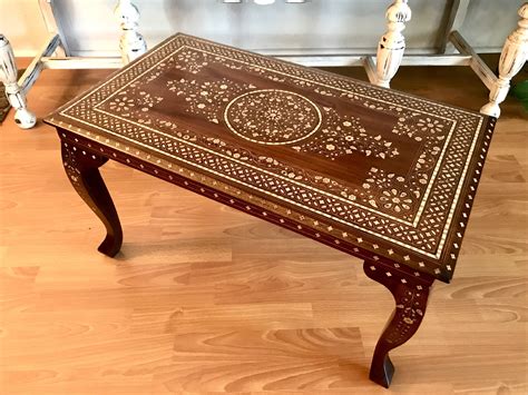 Vintage Anglo Indian Inlaid Wood Table Wood Bone Inlay Coffee Table