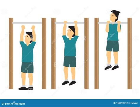 Man In Green Doing Pull Up Exercise In Three Steps Stock Vector