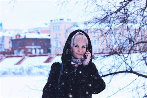 Girl In Winter Street Talk Phone Snow Stock Image Image Of Head