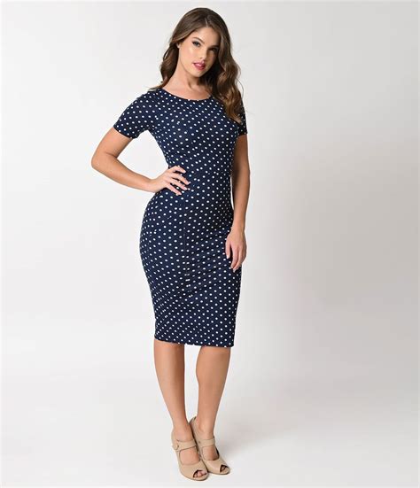 Unique Vintage Plus Size 1960s Navy And Ivory Dotted Stretch Mod Wiggle